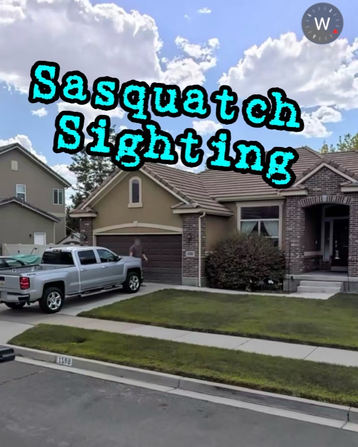 Apple Maps street view of Lee's driveway with 'Sasquatch Sighting' written across it — a very tall blurred figure by the garage